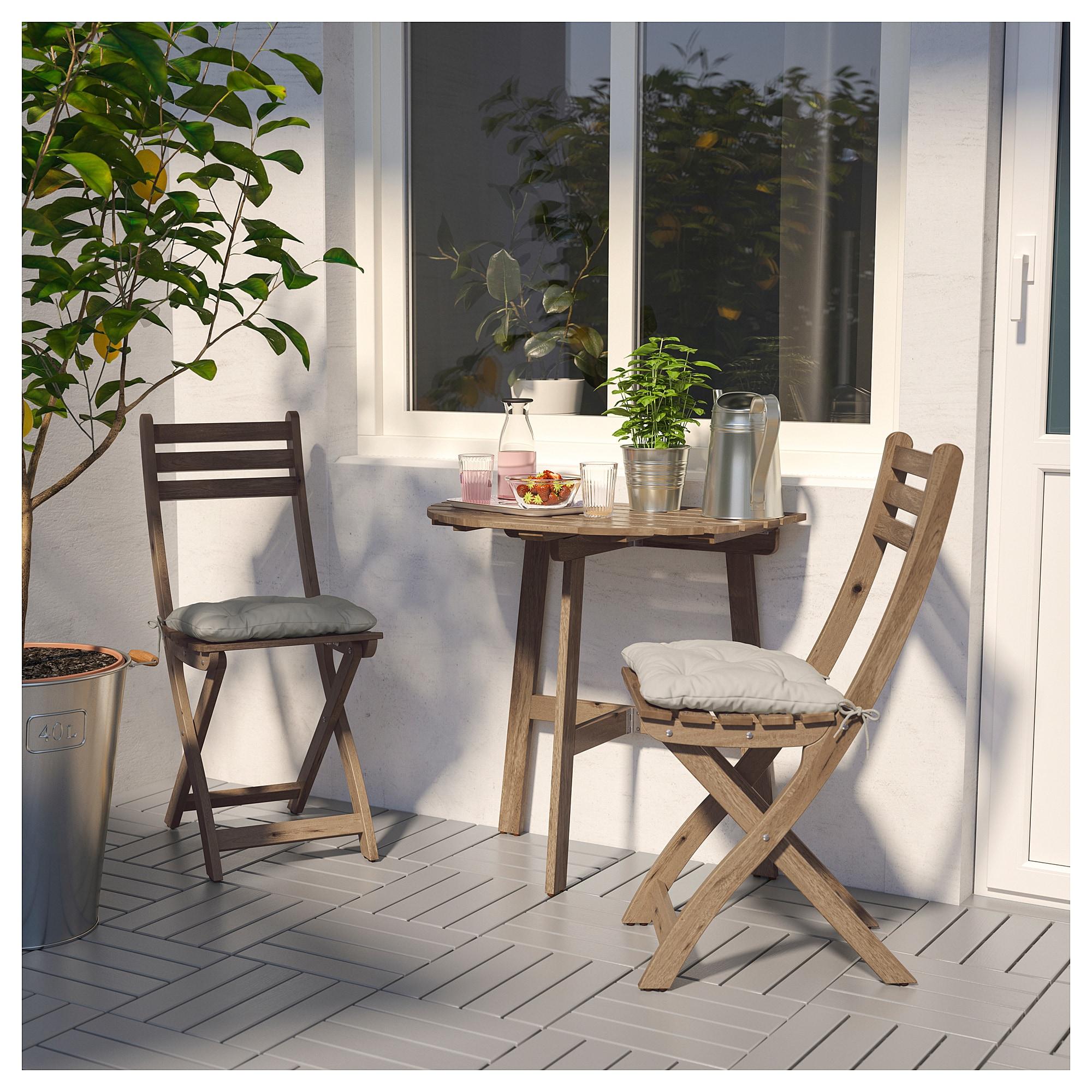 АСХОЛЬМЕН Садовий стіл і 2 розкладних стільця - сіро-коричнева морилка / Куддарна сіра 3