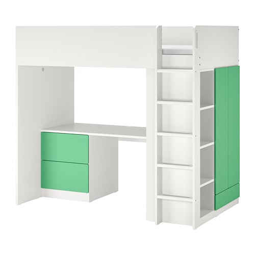 SMÅSTAD Ліжко-антресолі - біло-зелений / з письмовим столом з 3 ящиками 90x200 см