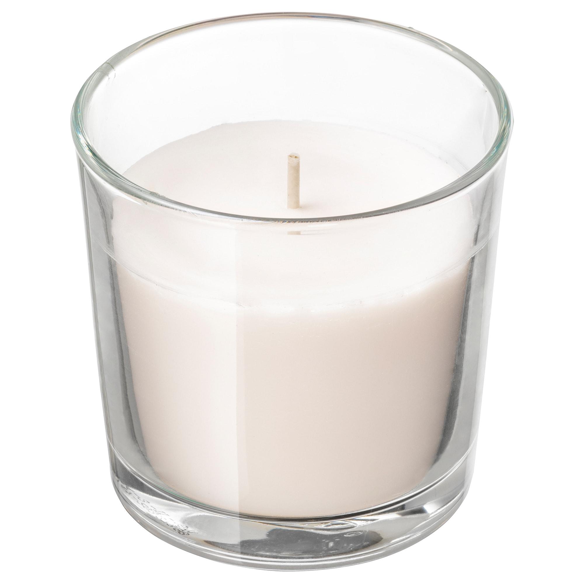 ИКЕА SINNLIG Ароматична свічка в склянці - Солодка ваніль / натуральна 7,5 см, 203.373.98